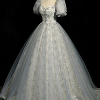 Gray Tulle Lace Floor Length Prom Dress - Thumbnail 1