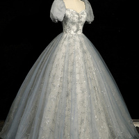 Gray Tulle Lace Floor Length Prom Dress - Thumbnail 2