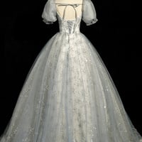 Gray Tulle Lace Floor Length Prom Dress - Thumbnail 3