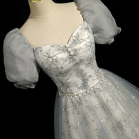 Gray Tulle Lace Floor Length Prom Dress - Thumbnail 4