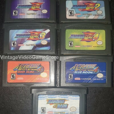 Mega man zero 1, 2, 3, 4, battle network red sun, blue moon, mega man and bass gba video game boy advance nintendo