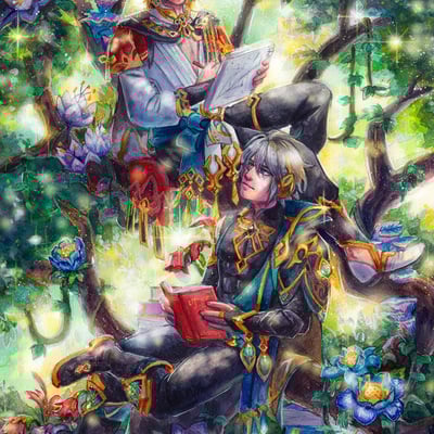 Studying in sumeru - kaveh & alhaitham - 11x17" poster print