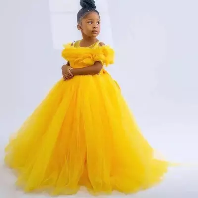 Girl dresses yellow puffy little kids birthday party jewel neck ruffles mother and princess flower girls gowns toddler prom dres