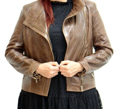 Womens stand collar brown cross zip biker jacket