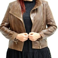 Womens stand collar brown cross zip biker jacket - Thumbnail 1
