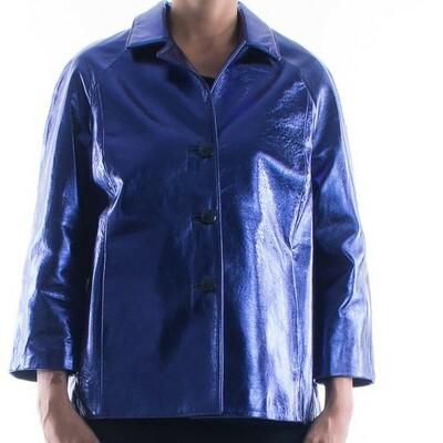 Women genuine lambskin leather jacket color metallic blue