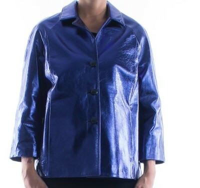 Women genuine lambskin leather jacket color Metallic Blue