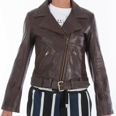Women genuine soft leather biker jacket slim fit color natural dark brown veg tanned