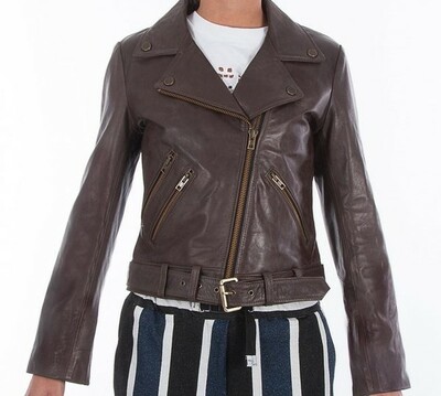 Women genuine soft leather biker jacket slim fit color Natural Dark Brown veg tanned