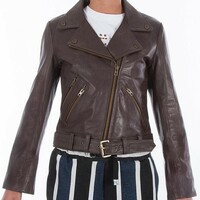 Women genuine soft leather biker jacket slim fit color Natural Dark Brown veg tanned - Thumbnail 1