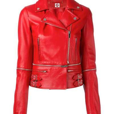 Fancy biker motorcycle moto black red real leather jacket women
