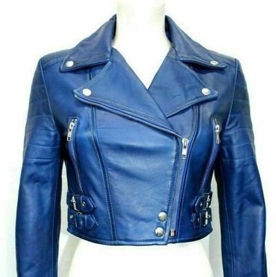 New Women's Genuine Lambskin 100% Leather Short Jacket Biker Stylish Blue Coat