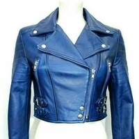 New Women's Genuine Lambskin 100% Leather Short Jacket Biker Stylish Blue Coat - Thumbnail 4
