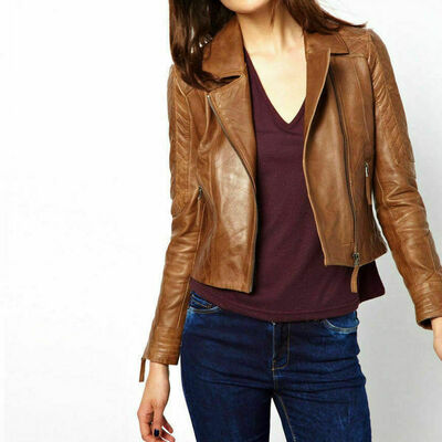 Urban women's genuine sheepskin leather jacket biker brown collared casual wear