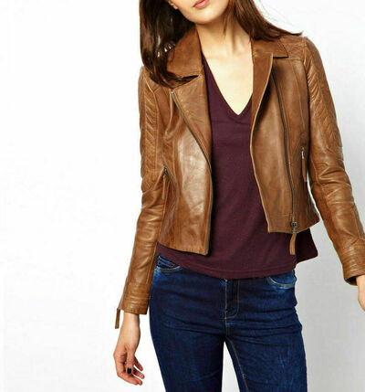 URBAN Women's Genuine Sheepskin Leather Jacket Biker Brown Collared Casual Wear