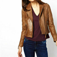 URBAN Women's Genuine Sheepskin Leather Jacket Biker Brown Collared Casual Wear - Thumbnail 1