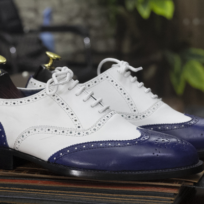 New handmade men's wingtip lace up brogue blue white leather oxford dress shoes