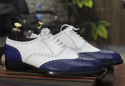 New Handmade Men's Wingtip Lace Up Brogue Blue White Leather Oxford Dress Shoes