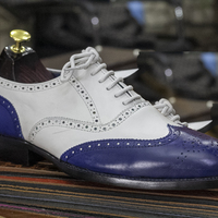 New Handmade Men's Wingtip Lace Up Brogue Blue White Leather Oxford Dress Shoes - Thumbnail 1