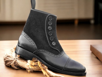 Black Button Boots, Handmade High Ankle boots, Designer Dress Boots,