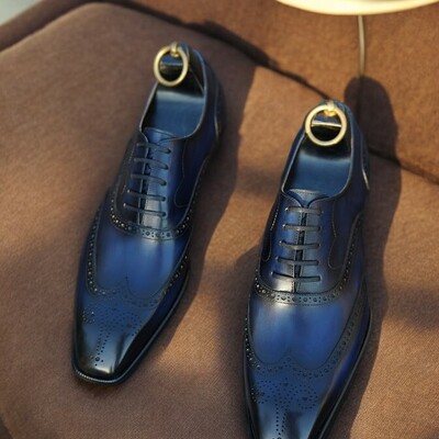 Black wingtip dress formal handmade lace up shoes for gentlemen's