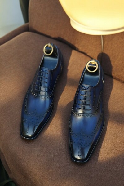 Black Wingtip Dress Formal Handmade Lace Up Shoes For Gentlemen's