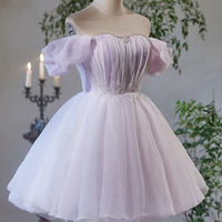 Purple Tulle Short A-Line Prom Party Dress - Thumbnail 1