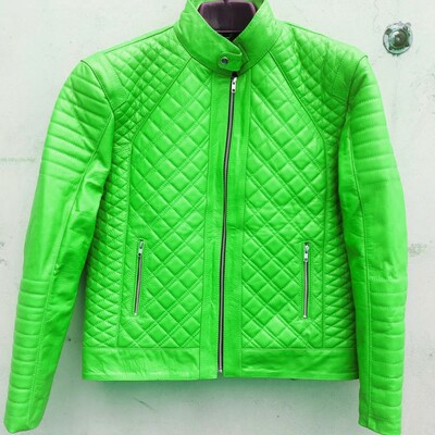 Crafted leather mens green quilted slim fit motorcycle fashion outfit diamond stitch pattern leather jacket - Thumbnail 4