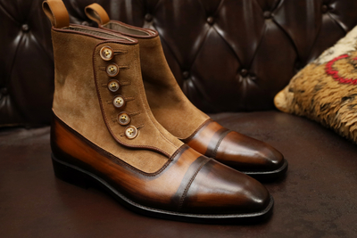 Crafted Leather Classic Two Tone Brown Patina / Suede Men Ankle Dress Boot