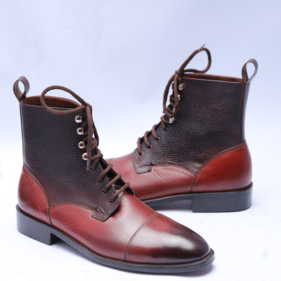 Crafted leather handmade brown calf and grain leather men ankle high lace up dress boot - Thumbnail 5