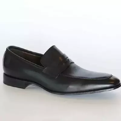 Handmade men's black slip on formal dress shoes, real leather office shoes
