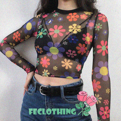 (NO REFUND AND EXCHANGE)FLOWER MESH CROP LONG SLEEVE TOP 