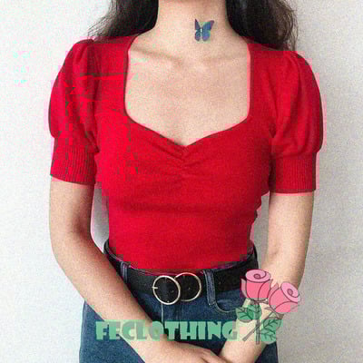 (no refund and exchange)retro slim square neck high waist navel short puff sleeve short sleeve knit t-shirt