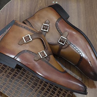  men's double monk strap, handmade tan leather buckle boot,