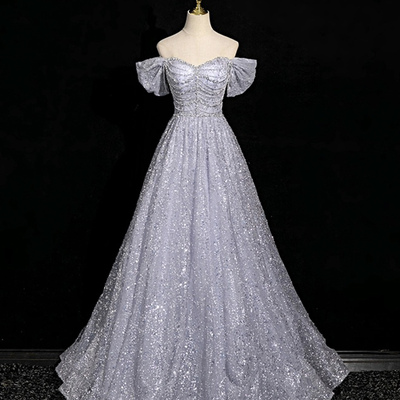 Gray tulle sequins floor length prom dress - Thumbnail 1