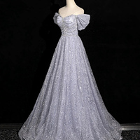 Gray Tulle Sequins Floor Length Prom Dress - Thumbnail 2