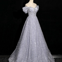 Gray Tulle Sequins Floor Length Prom Dress - Thumbnail 3