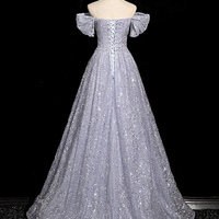 Gray Tulle Sequins Floor Length Prom Dress - Thumbnail 4