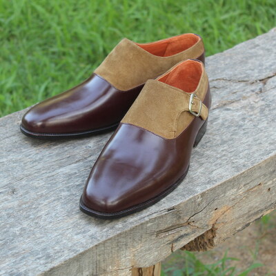 Crafted leather two tone brown suede leather monk strap shoes - Thumbnail 5