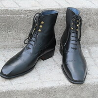 Crafted Leather Classic Black Calf Leather Lace up Ankle High Boot - Thumbnail 4