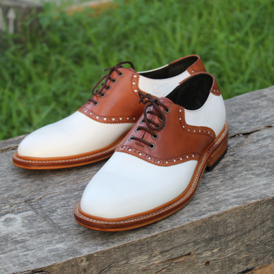 Crafted leather classic handmade men white brown leather derby oxford dress shoes - Thumbnail 3