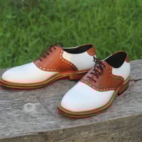 Crafted Leather Classic Handmade Men White Brown Leather Derby Oxford Dress Shoes - Thumbnail 1
