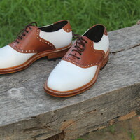 Crafted Leather Classic Handmade Men White Brown Leather Derby Oxford Dress Shoes - Thumbnail 2