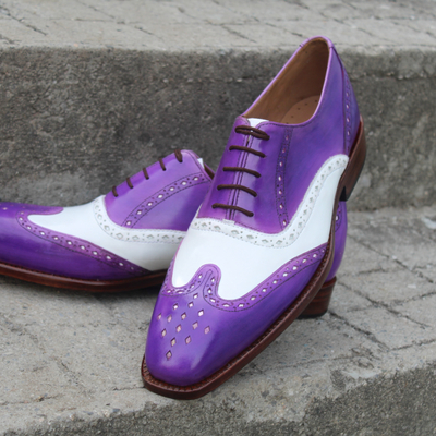 Crafted leather classic handmade purple white wingtip oxford dress shoes - Thumbnail 5