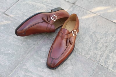 Crafted Leather Bespoke Handmade Men Brown Unique Tassel Loafer Style Split Toe Monk Strap Shoes
