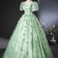 Green Tulle Short Sleeve Long Prom Dress with Butterfly Lace - Thumbnail 1