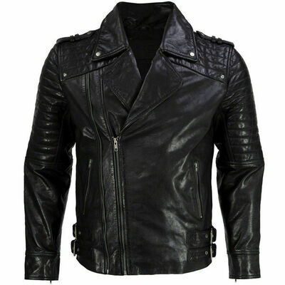 New men's real lambskin leather motorcycle biker jacket zipper black