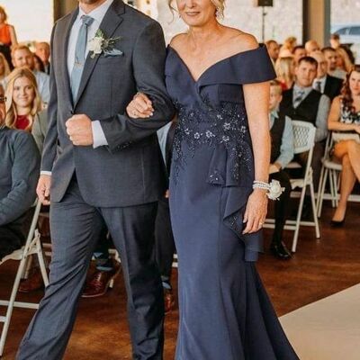 Navy blue  mother of the bride/groom dresses appliques evening gowns wedding guest dress