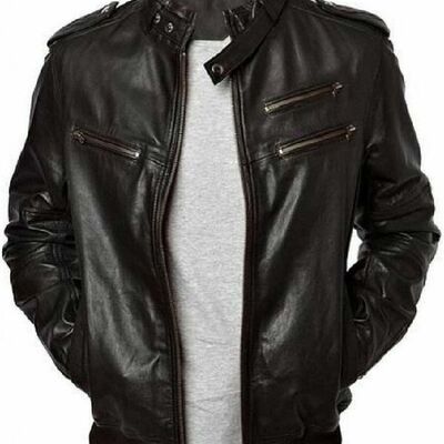Men leather jacket slim fit biker motorcycle genuine lambskin jacket