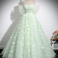 Green Tulle Floor Length Prom Dress, Off the Shoulder Evening Party Dress - Thumbnail 5